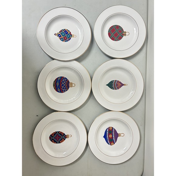 Gibson Other - Vintage Gibson Set of 6 Christmas Ornaments Dessert Salad Plate 9" Gold Rim DECO